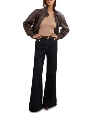 Ria High Rise Button Detail Flare Jeans in Dark Blue