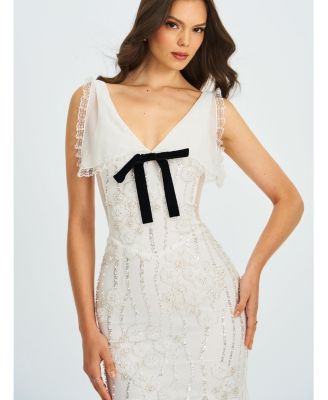  Paola Peter Pan Collar Beaded Sequin Mermaid Midi Dress