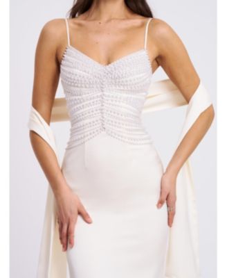  Karmen Faux Pearl Top Pencil Slip Gown with Scarf