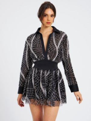  Rachelle Embroidered Mesh Mini Shirt Dress