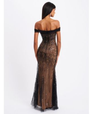Qeturah Embroidered Sequin Off Shoulder Mesh Gown