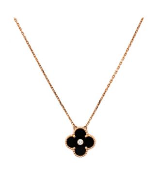  Vintage Alhambra Pendant Necklace 18K Rose Gold and Onyx with Diamond, 14.5 - 16.25"