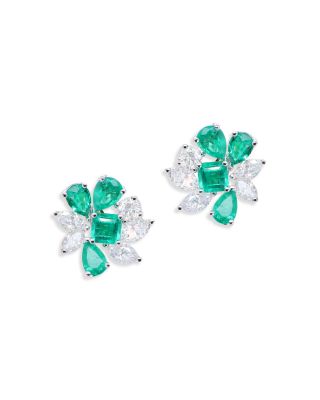 Emerald & Diamond Mixed Cut Cluster Stud Earrings in 18K White Gold