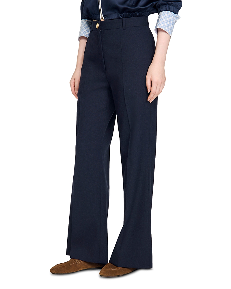 Sandro Lionel Straight Wide Leg Wool Blend Trousers In Blue