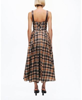  Plaid Pleated Maxi Dress with Faux Leather Belt