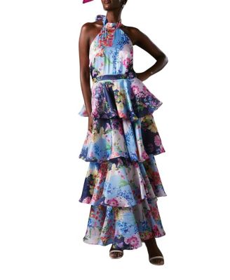 Cross Neck Printed Frill Skirt Dress