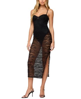 Sheer Lace Built In Bodysuit Midi Dress