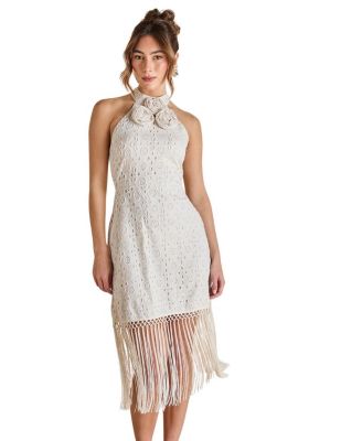 Broderie Embellished Fringe Halter Dress