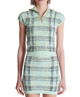  Sleeveless Plaid Tweed Top