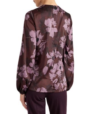 Elena Long Sleeve Twist Neck Blouse in Floral Twill Crepe
