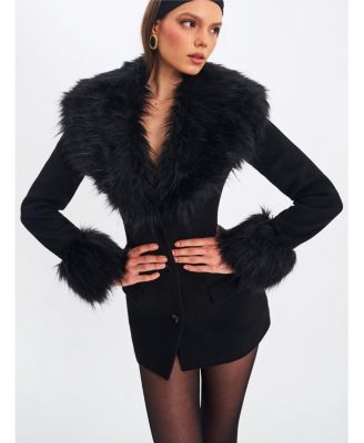 Hailee Wool Blend Mini Coat with Removable Fur Lapel