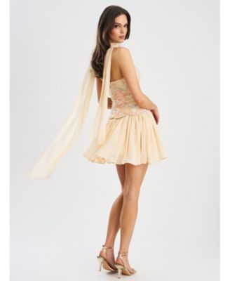 Quanisha Beaded Floral Mini Chiffon Dress with Scarf