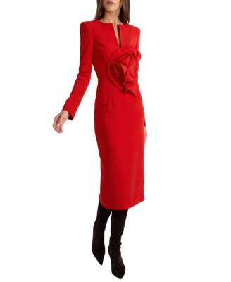 Maya Long Sleeve Midi Dress with Dramatic Floral Applique in Stretch Crepe