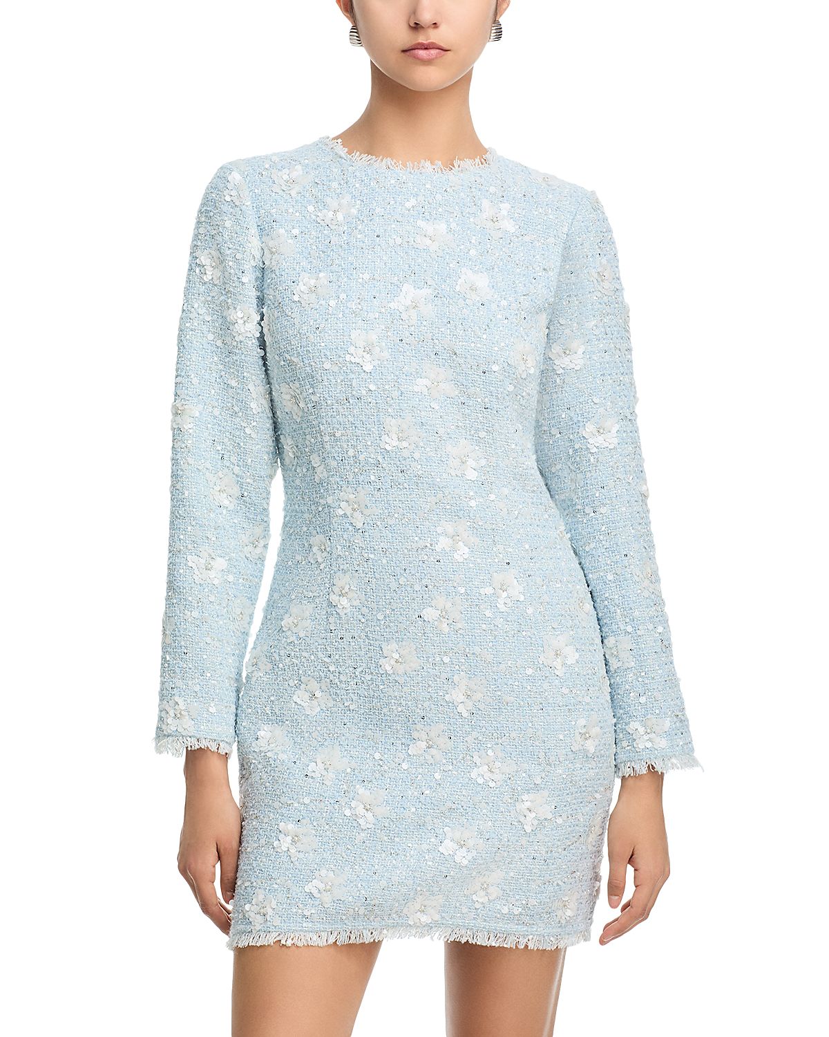 Aqua Sequin Tweed Mini Long Sleeve Dress - Exclusive