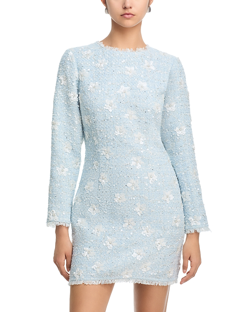 Aqua Sequin Tweed Mini Long Sleeve Dress - Exclusive