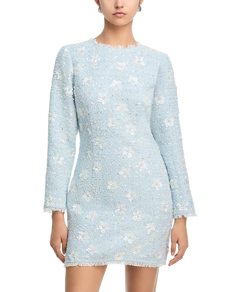 Aqua Sequin Tweed Mini Long Sleeve Dress - Exclusive