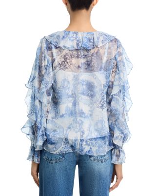 Seashell Toile Ruffle Long Sleeve Top with Built in Camisole - Exclusive