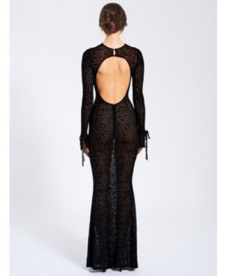  Waylynn Print Burnout Velvet Detail Mesh Maxi Dress