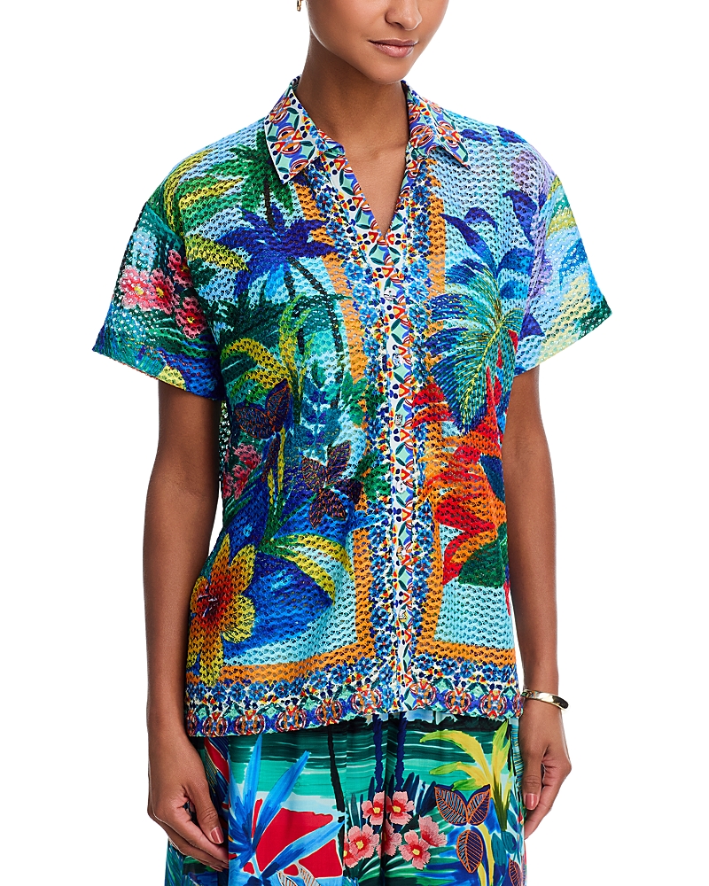 Johnny Was Para Crochet Camp Shirt Swim Cover-up In Blue