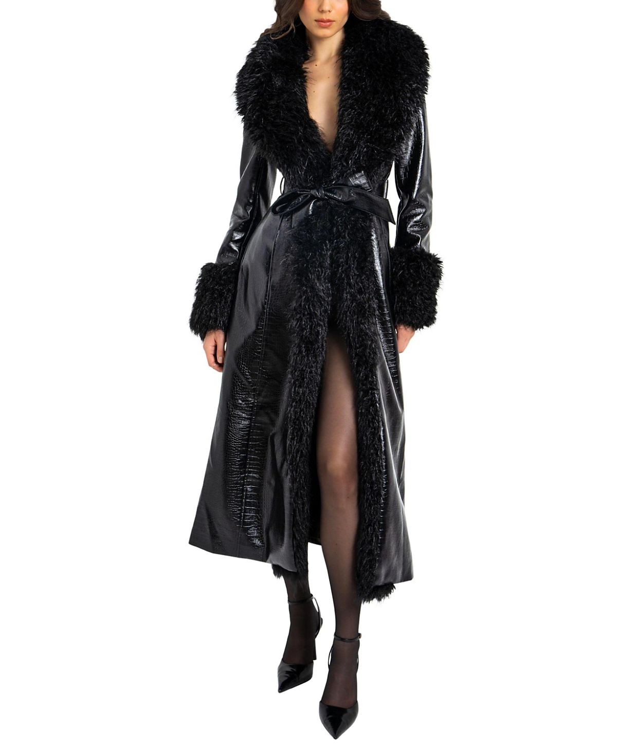 Miss Circle Zella Faux Fur Trim Faux Croc Leather Coat