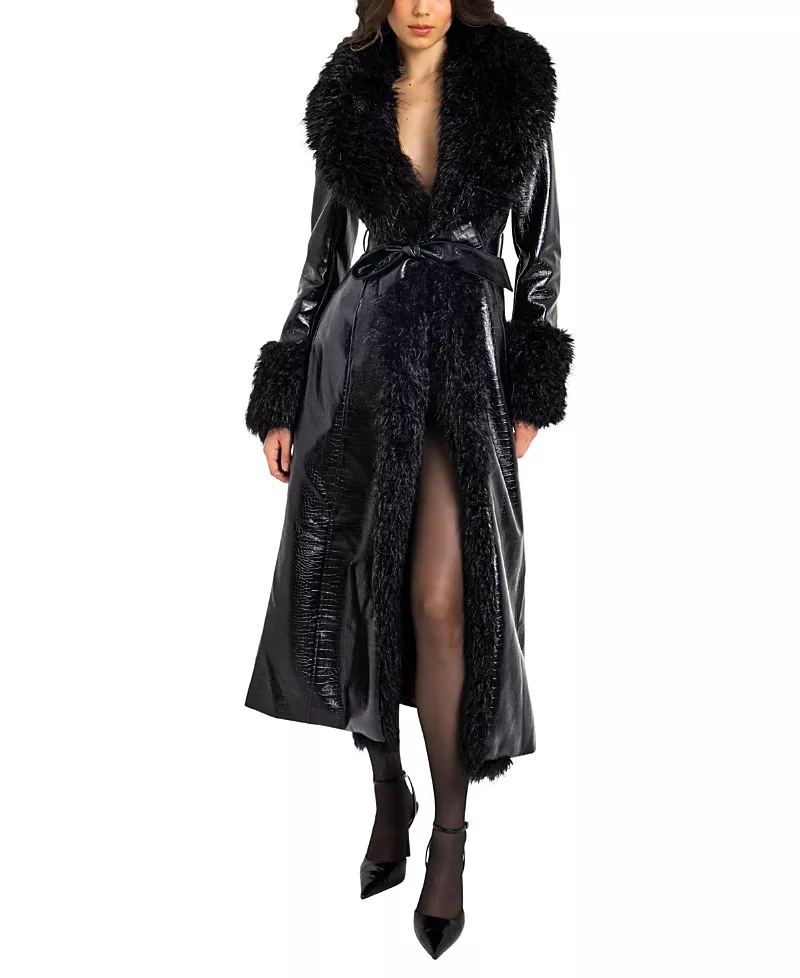 Miss Circle Zella Faux Fur Trim Faux Croc Leather Coat