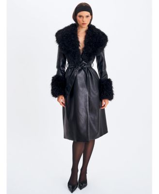  Zariah Faux Fur Trimmed Longline Faux Leather Coat