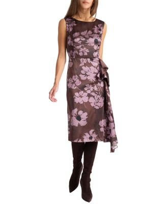  Nica Sleeveless Dress with Side Ruffle in Floral Twill Crepe