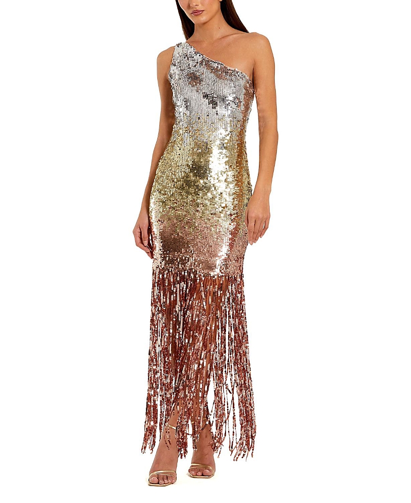 Mac Duggal Ombre Sequin Fringe Mesh One Shoulder Gown