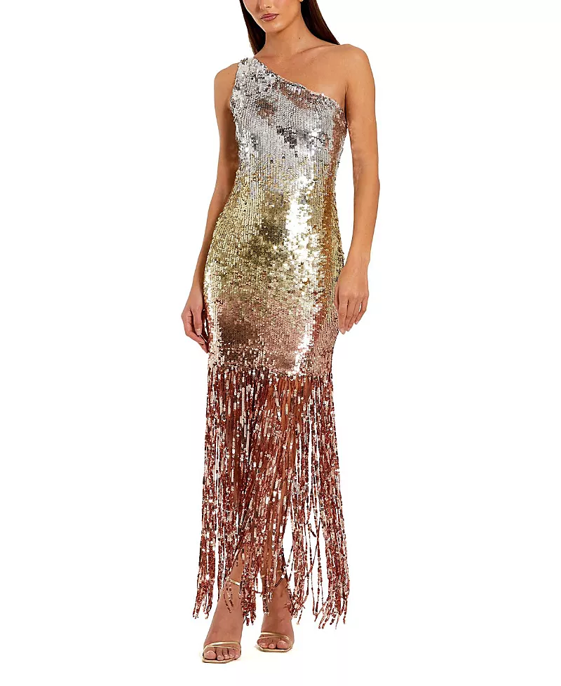 Mac Duggal Ombre Sequin Fringe Mesh One Shoulder Gown