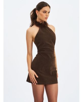 Yael Suede Faux Fur Halter Mini Dress