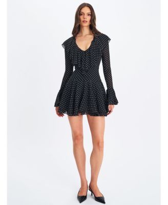 Omari Chiffon Polka Dot Ruffled Neckline Mini Dress