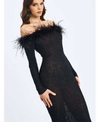  Emberly Trimmed Off-Shoulder Rhinestone Mesh Mermaid Dress