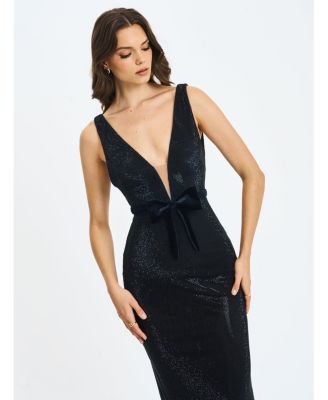  Olympia Belted Bow Plunging Rhinestone Maxi Dress