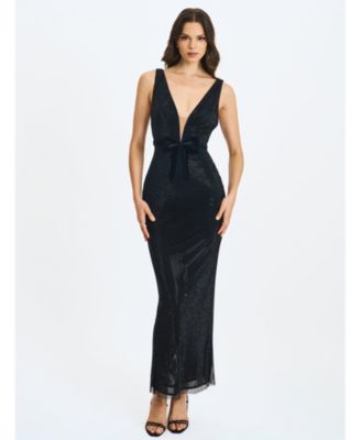  Olympia Belted Bow Plunging Rhinestone Maxi Dress