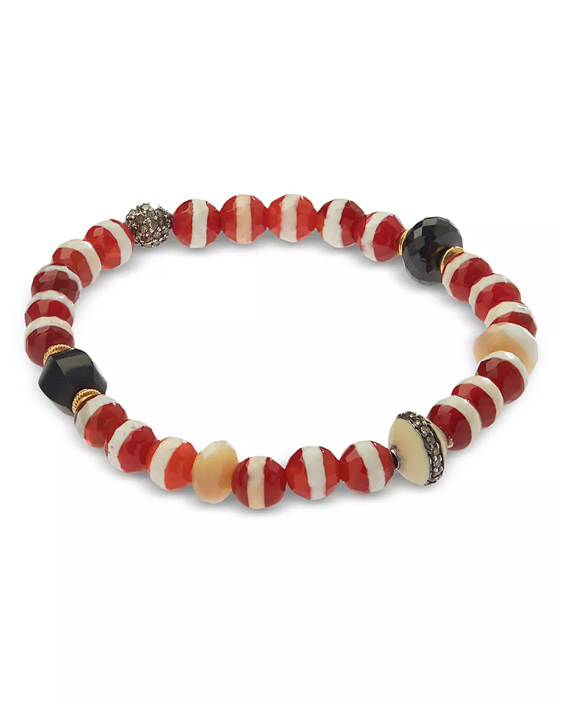Ileana Makri Agate & Gray Diamond Striped Bead Stretch Bracelet in 18K Yellow Gold & Sterling Silver