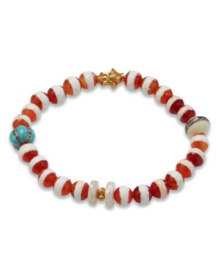 Opal, Agate & Gray Diamond Stretch Bracelet in 18K Yellow Gold & Sterling Silver  