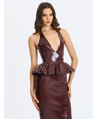  Jaslene Peplum Faux Leather Halter Midi Dress