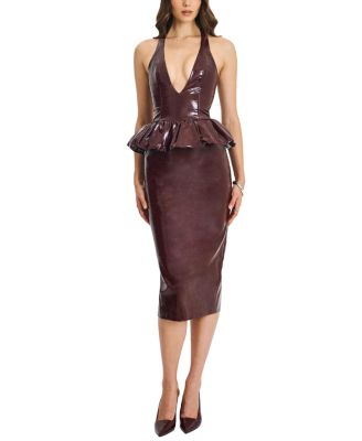  Jaslene Peplum Faux Leather Halter Midi Dress
