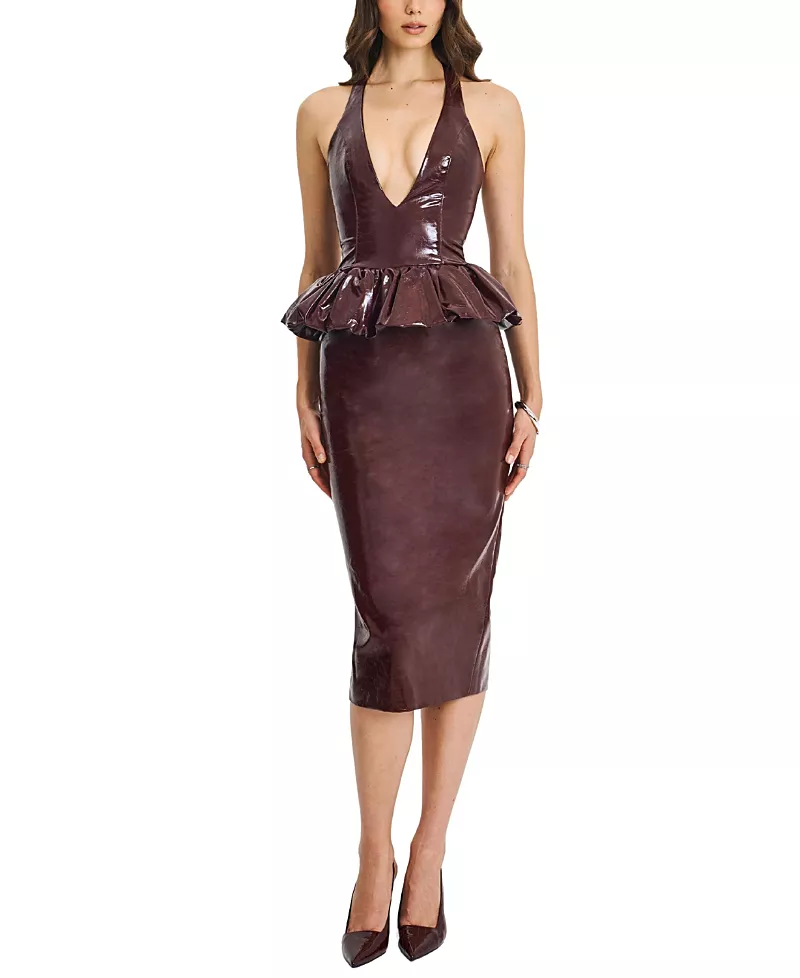 Miss Circle Jaslene Peplum Faux Leather Halter Midi Dress