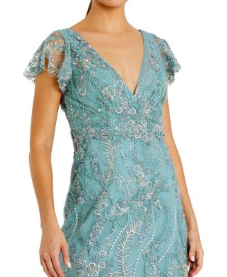  V-Neck Flutter Sleeve Floral Embroidered Gown