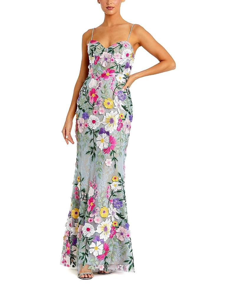 Mac Duggal Floral Embroidered Sleeveless Bustier Gown