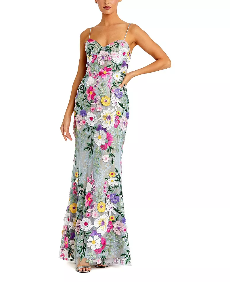 Mac Duggal Floral Embroidered Sleeveless Bustier Gown