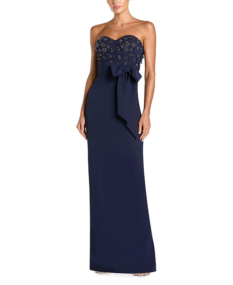 Mac Duggal Crepe Embellished Bustier Strapless Gown with Bow