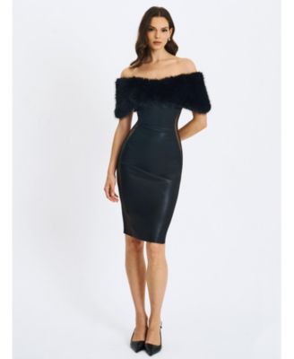  Bellis Fur Trim Mesh Panel Off-Shoulder Midi Dress