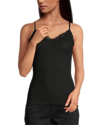 Ribbed Wool & Silk V-Neck Camisole with Lace Trim