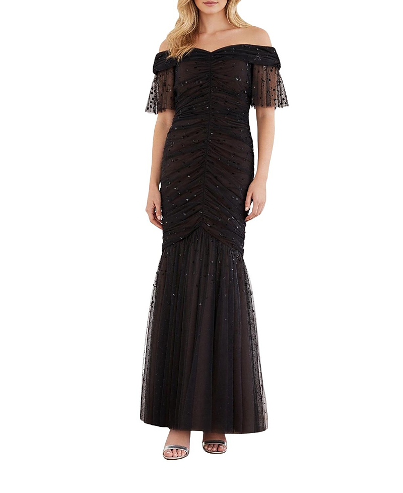 Needle & Thread Dappled Sequin Rouched Off-Shoulder Gown