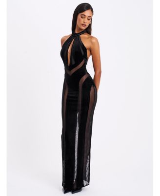  Paityn Velvet Mesh Cutout Halter Gown