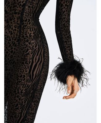  Patricia Feather Sleeve Trim Velvet Mesh Maxi Dress