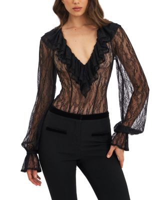  Taliah Sheer Lace Ruffled Collar Bodysuit