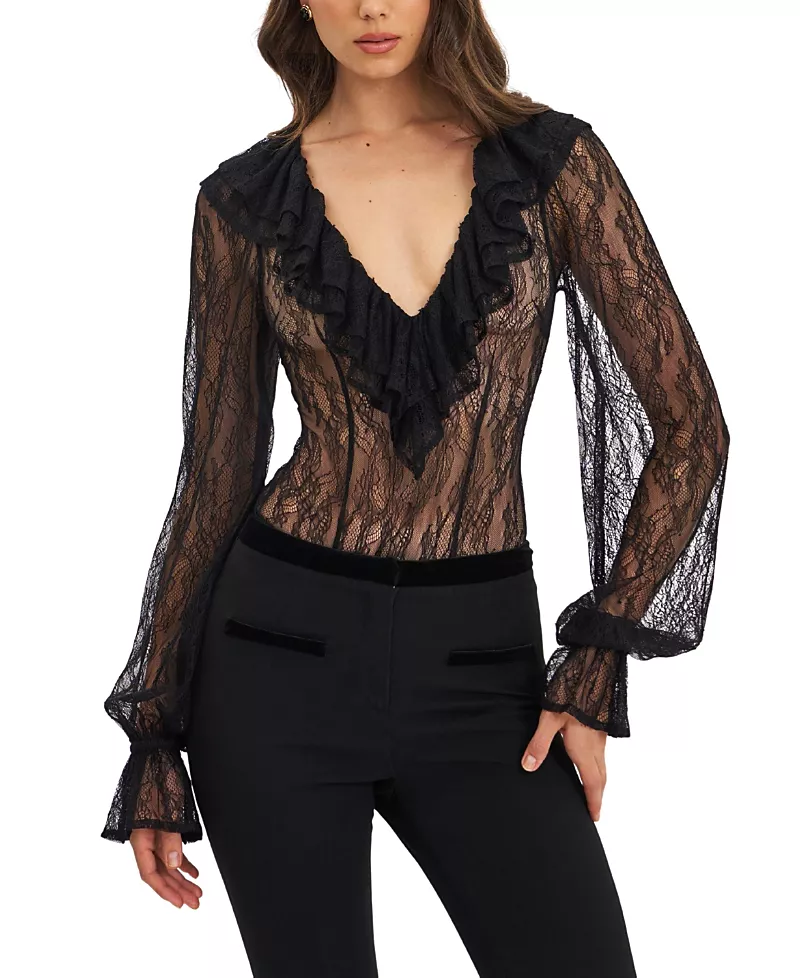 Miss Circle Taliah Sheer Lace Ruffled Collar Bodysuit